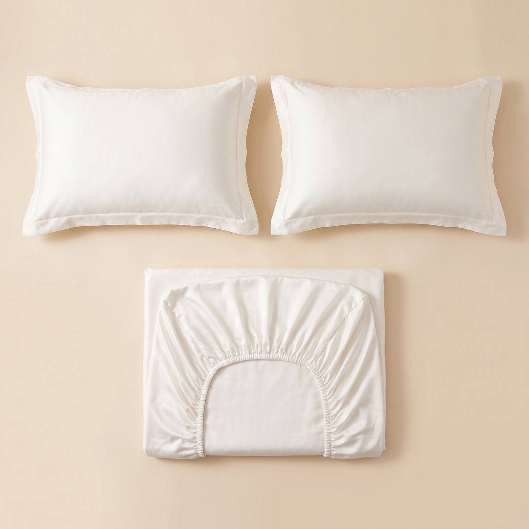 Sateen Fitted Sheet Set with 2 Pillowcases in White – flat lay of two pillowcases above a folded sheet on beige