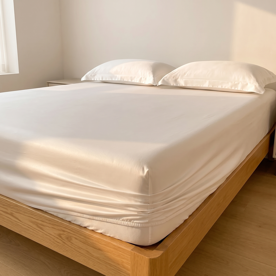 Sateen Fitted Sheet Set with 2 Pillowcases in White – fitted on a mattress with pillows on an oak platform bed