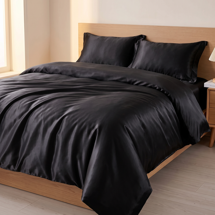 Satin Bedding Set – Duvet Cover with Pillow Shams in Black – duvet corner draping over the side of a wooden bed