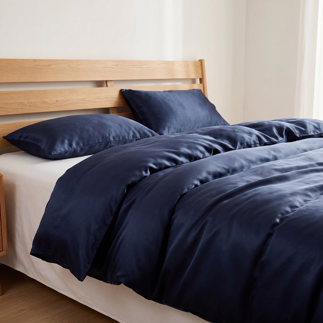 Satin Bedding Set – Duvet Cover with Pillow Shams in Midnight Blue – turned-back duvet with soft folds over a cream sheet