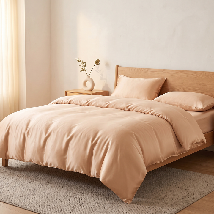 Satin Bedding Set – Duvet Cover with Pillow Shams in Sand – three-quarter view with bedside table, vase and woven rug