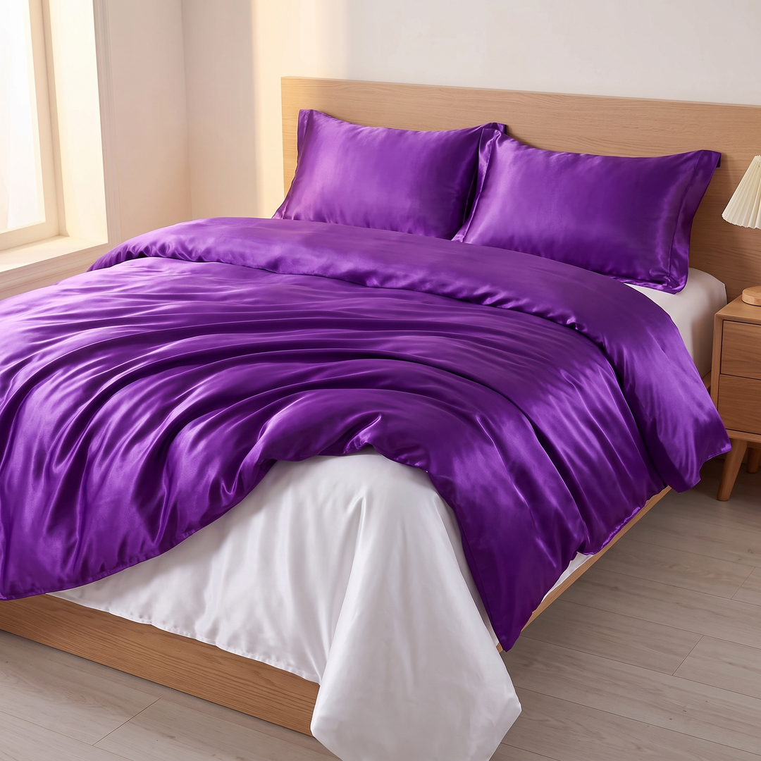 Satin Bedding Set – Duvet Cover with Pillow Shams in Violet – wide view of bed between sunlit window and wooden nightstand