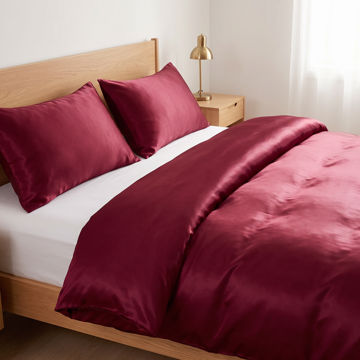 Satin Bedding Set – Duvet Cover with Pillow Shams in Burgundy – lengthwise view along the duvet toward a brass bedside lamp