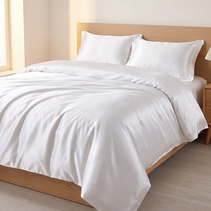 Satin Bedding Set – Duvet Cover with Pillow Shams in White – on a made bed with wooden frame in a bright bedroom