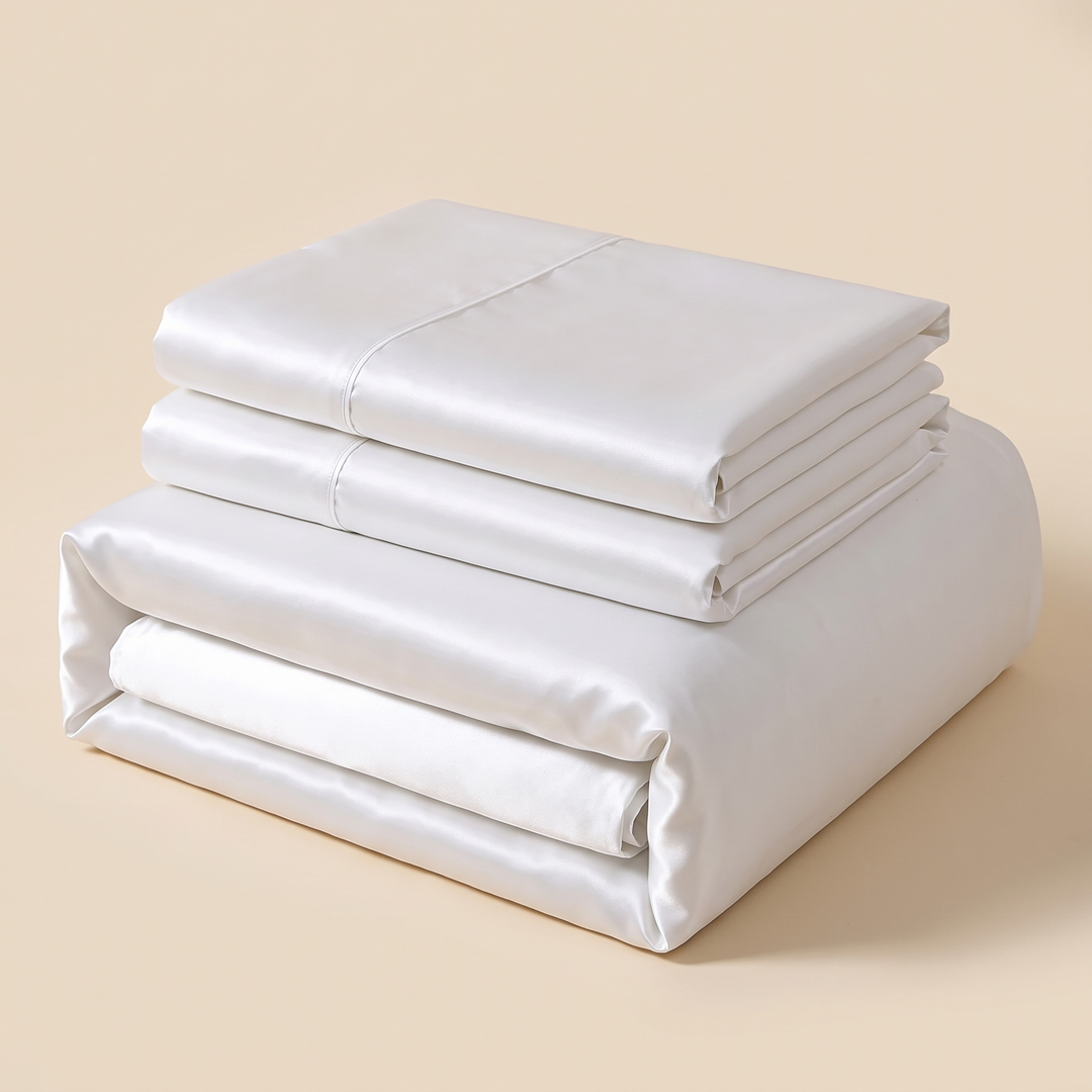 Satin Bedding Set – Duvet Cover with Pillow Shams in White – neatly folded stack on a plain beige background