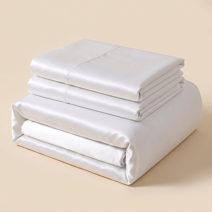 Satin Bedding Set – Duvet Cover with Pillow Shams in White – neatly folded stack on a plain beige background