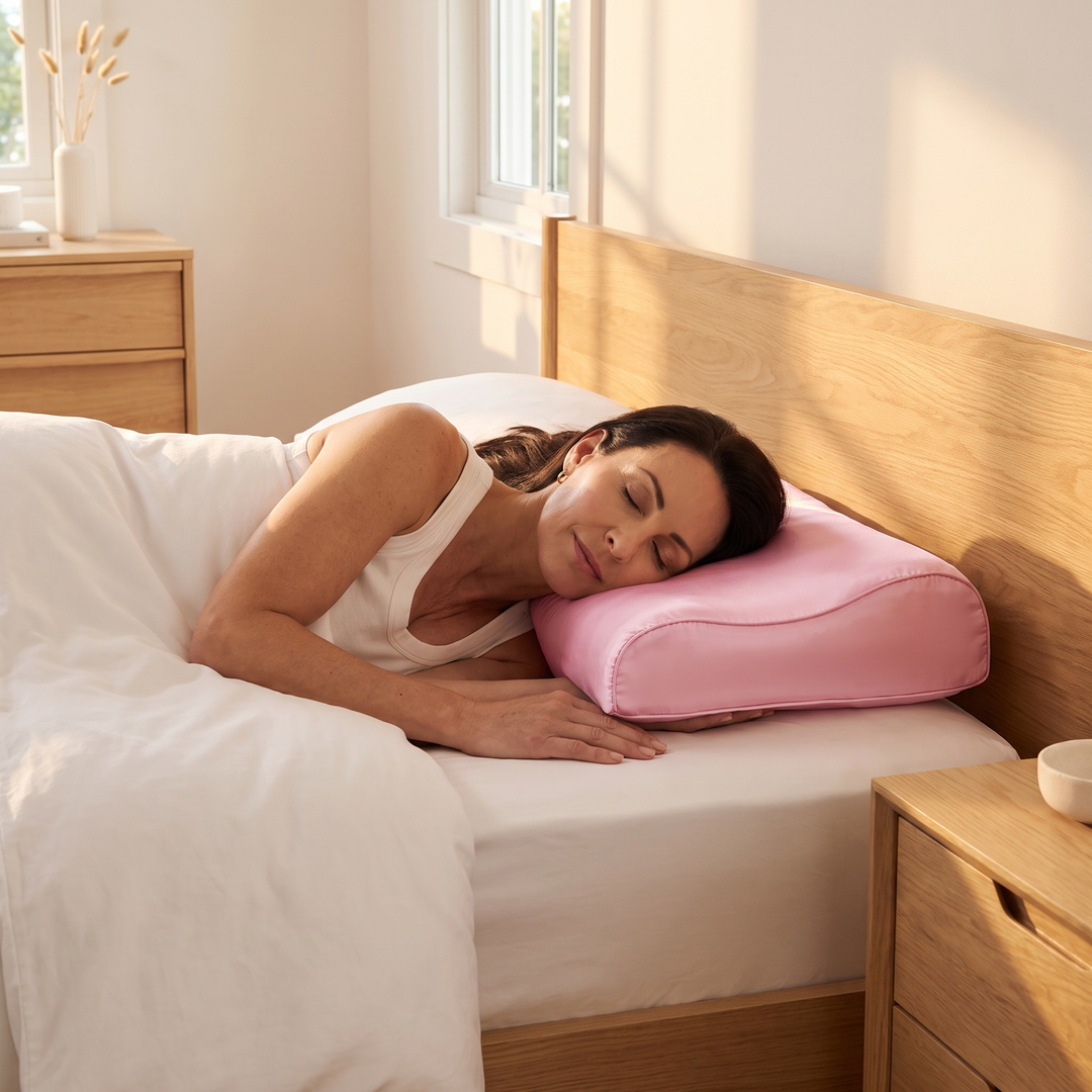 Satin Pillowcase for Contour Pillows in Pink – woman sleeping on her side in a sunlit bedroom