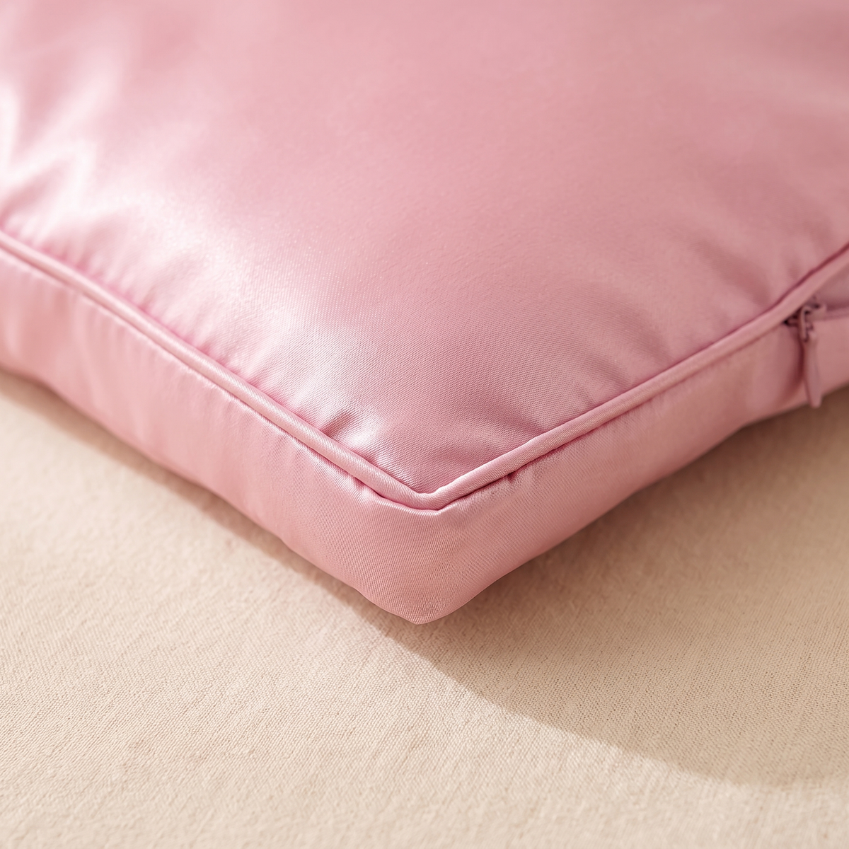 Satin Pillowcase for Contour Pillows in Pink – close-up of a piped corner and side zipper on a beige fabric surface