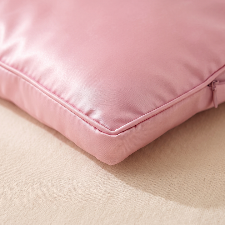 Satin Pillowcase for Contour Pillows in Pink – close-up of a piped corner and side zipper on a beige fabric surface