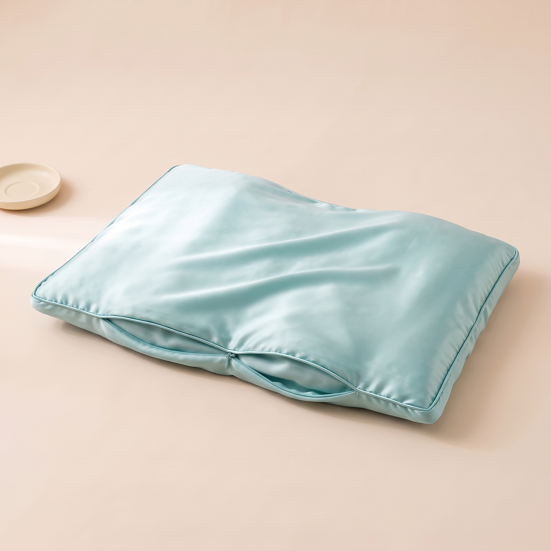 Satin Pillowcase for Contour Pillows in Aqua – with gathered front opening beside a small round dish