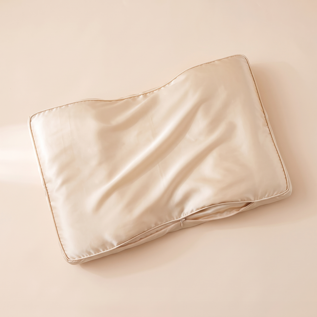 Satin Pillowcase for Contour Pillows in Beige – curved contour pillow with soft creases on a peach backdrop