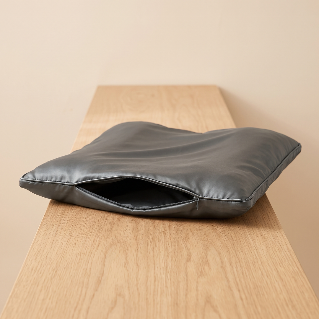 Satin Pillowcase for Contour Pillows in Dark Gray – low side angle on a wooden bench with open zipper