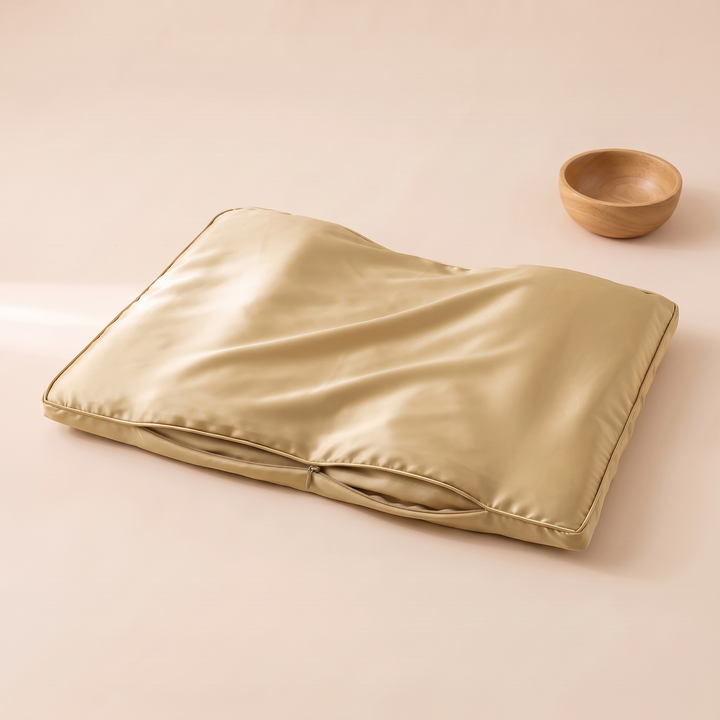 Satin Pillowcase for Contour Pillows in Gold – in soft light with wooden bowl at upper right
