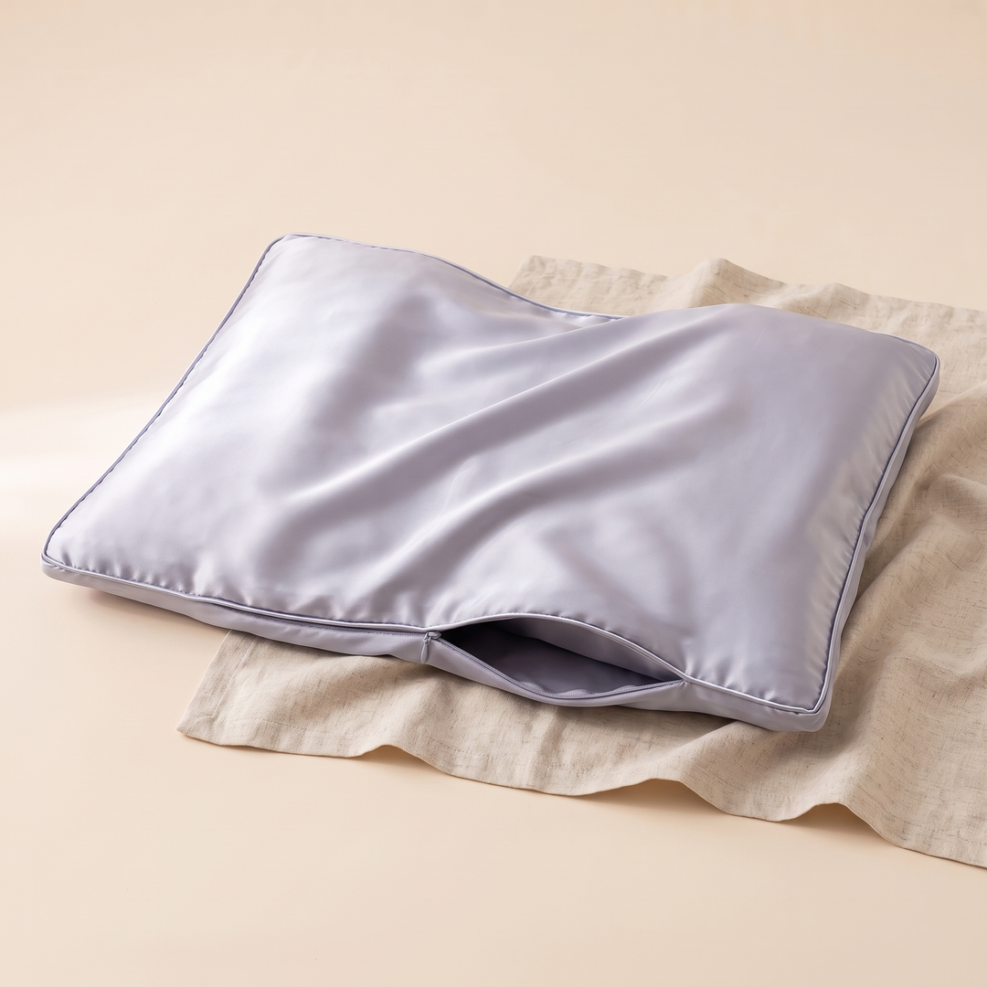 Satin Pillowcase for Contour Pillows in Lilac – resting on a crumpled linen cloth, three-quarter view