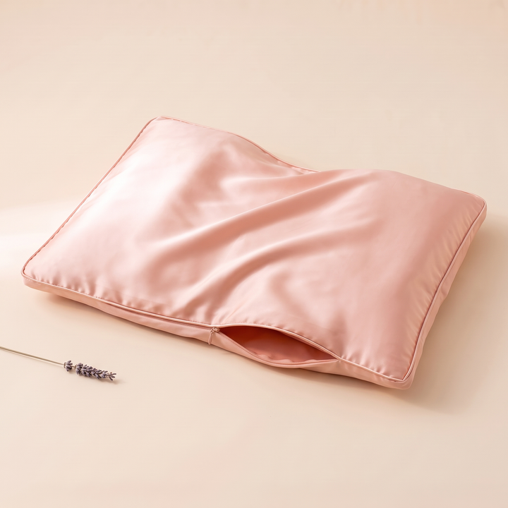 Satin Pillowcase for Contour Pillows in Peach – with a single dried lavender sprig lying beside it