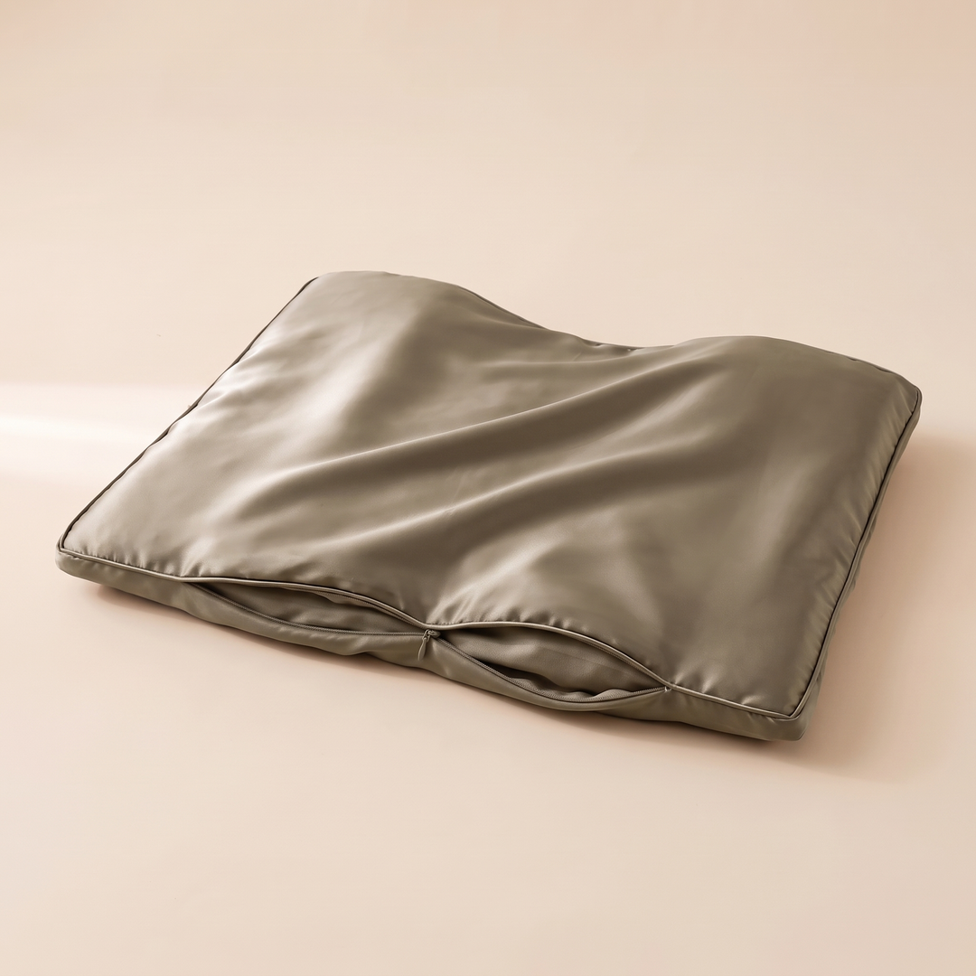 Satin Pillowcase for Contour Pillows in Taupe – angled view with the zipper edge slightly open