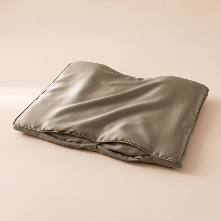 Satin Pillowcase for Contour Pillows in Taupe – angled view with the zipper edge slightly open