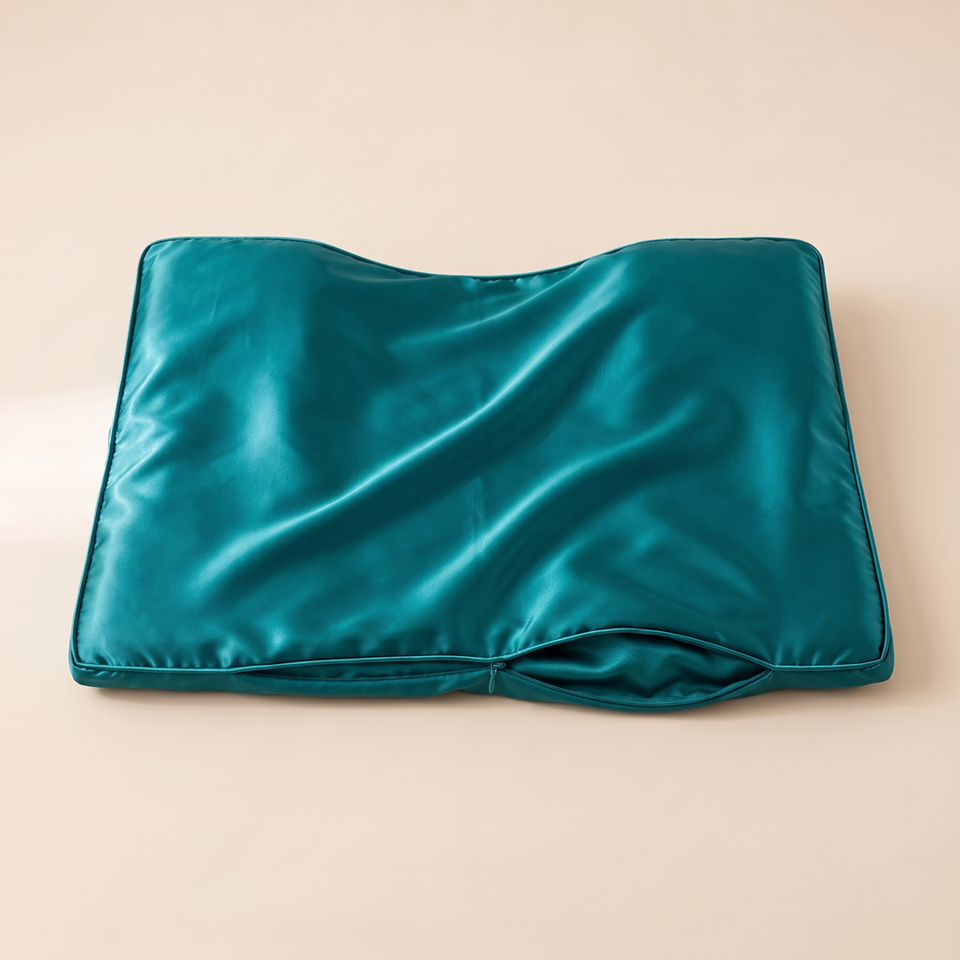 Satin Pillowcase for Contour Pillows in Teal – rippled satin top with the front opening slightly parted