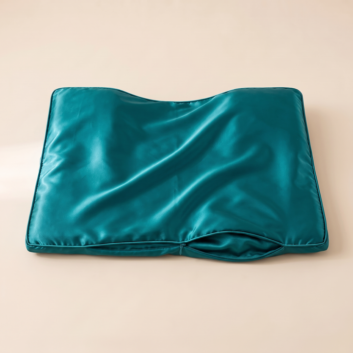 Satin Pillowcase for Contour Pillows in Teal – rippled satin top with the front opening slightly parted