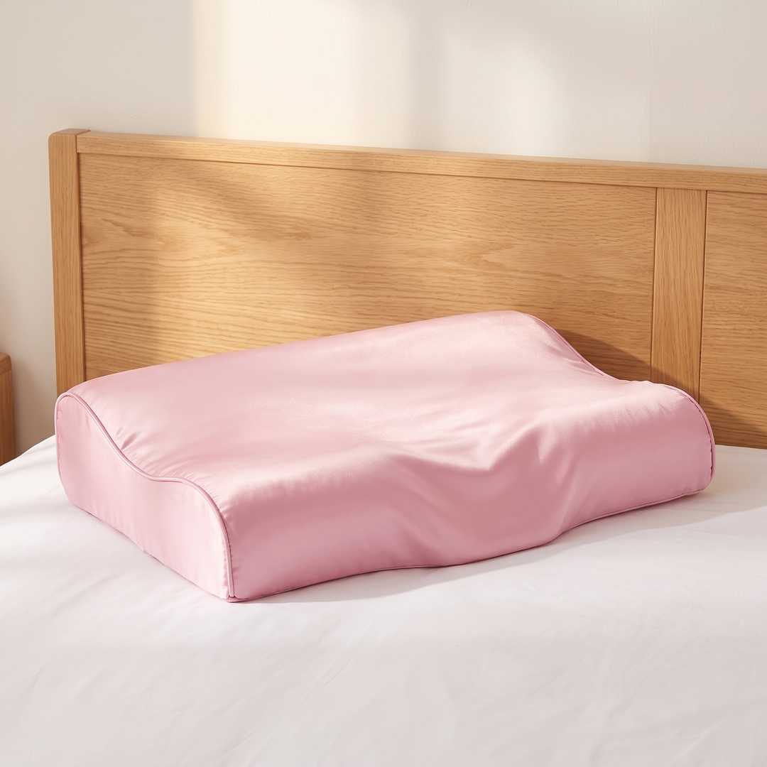 Satin Pillowcase for Contour Pillows in Pink – fitted on a contour pillow against an oak headboard on a white bed