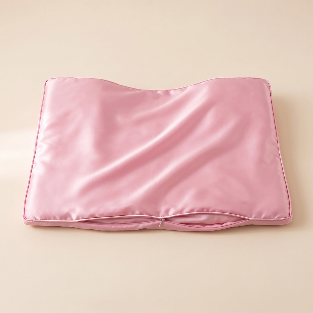 Satin Pillowcase for Contour Pillows in Pink – laid flat on a cream surface, seen from above with zipper edge visible
