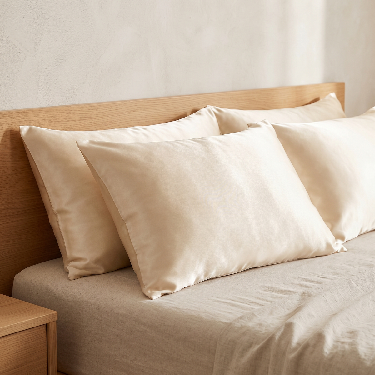 Beige satin pillowcases on a made bed
