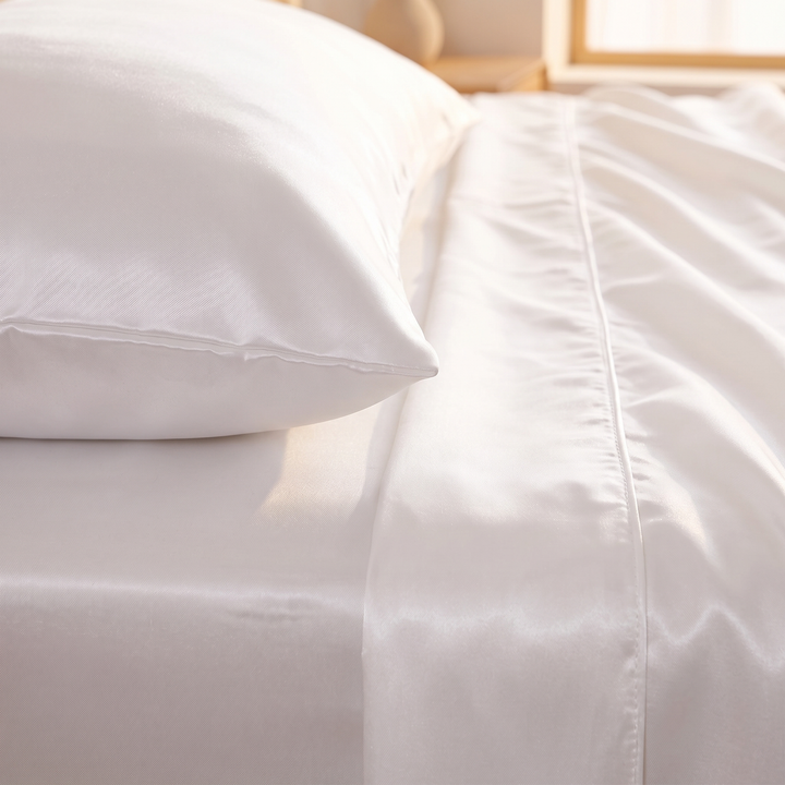 Silky Satin Sheet Set in White – close-up of pillow and sheet hem on bed