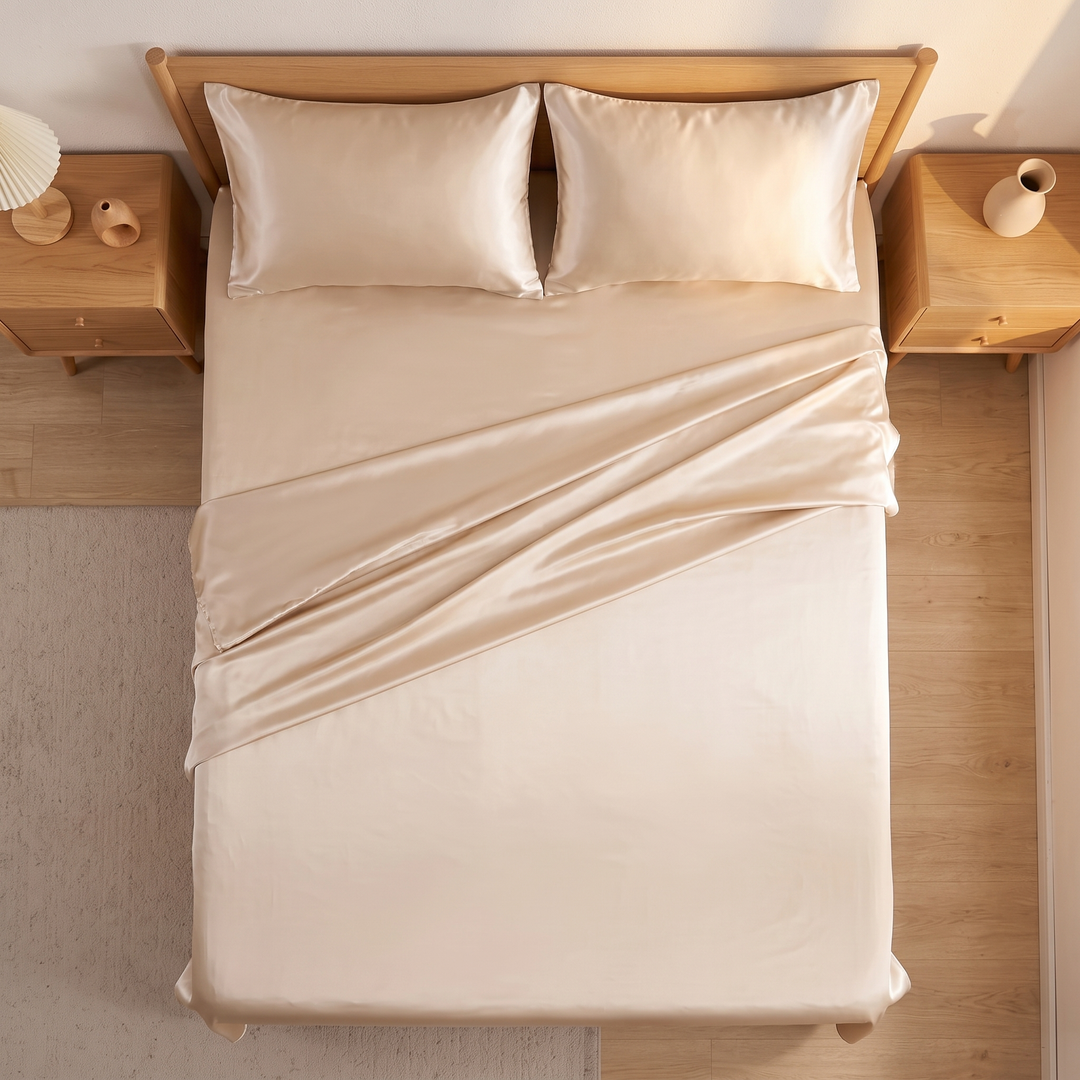 Silky Satin Sheet Set in Champagne – overhead view of turned-back top sheet between wooden nightstands on rug
