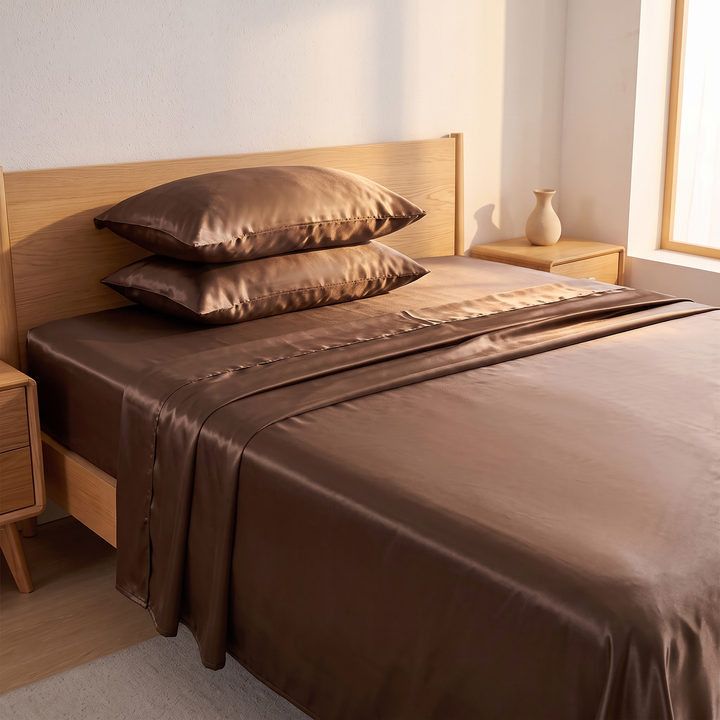 Silky Satin Sheet Set in Chocolate Brown – stacked pillows against oak headboard with vase on nightstand