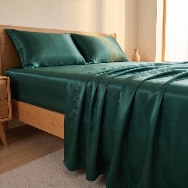 Silky Satin Sheet Set in Forest Green – angled view of smooth sheet folds cascading over bed foot