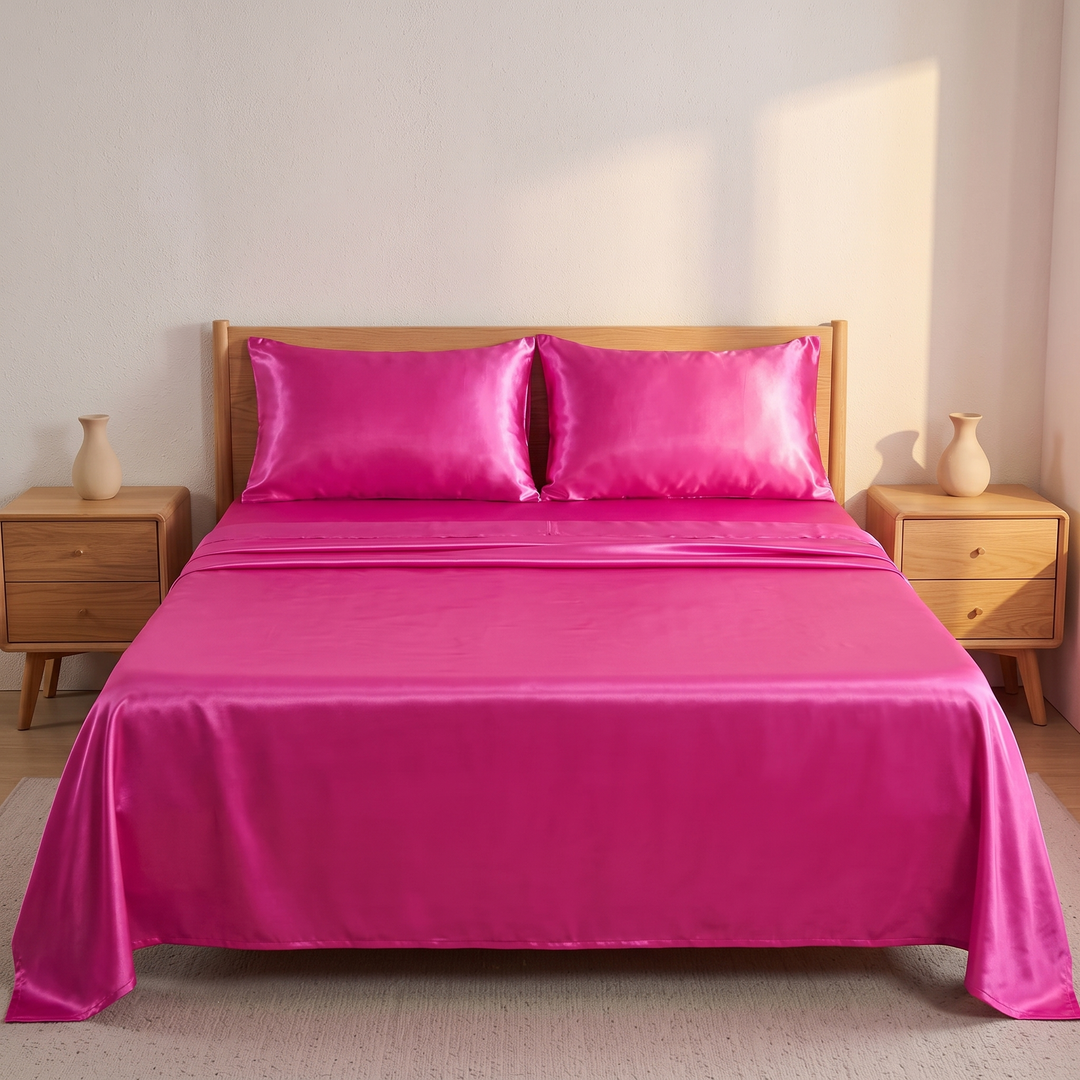 Silky Satin Sheet Set in Fuchsia – straight-on front view with two pillows and wall sunlight