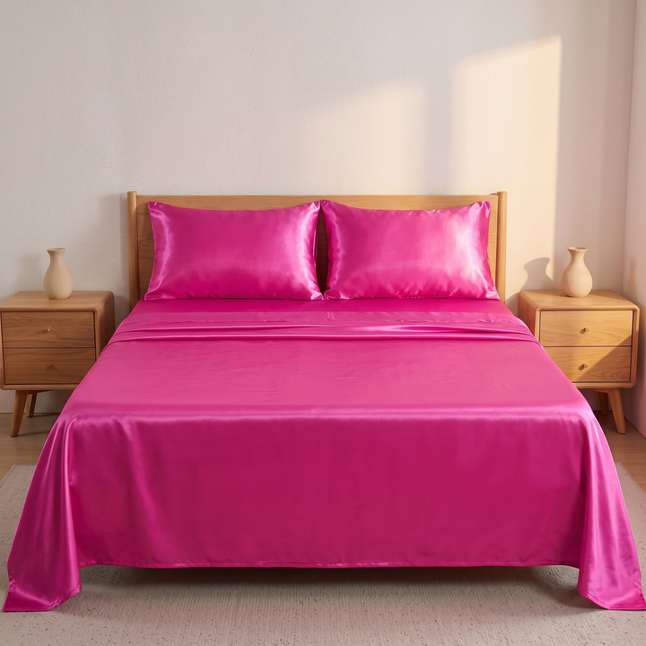 Silky Satin Sheet Set in Fuchsia – straight-on front view with two pillows and wall sunlight