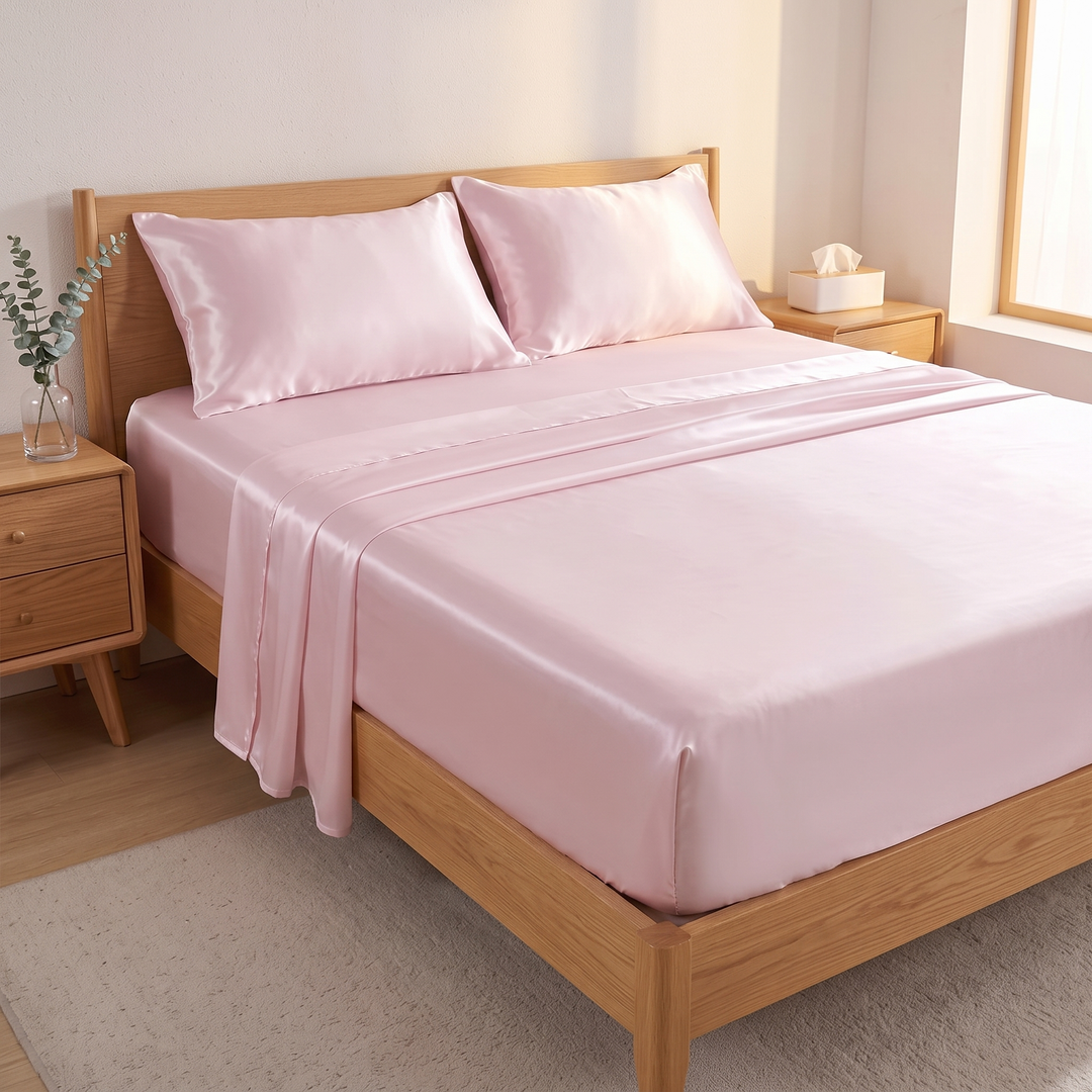 Silky Satin Sheet Set in Light Pink – bed corner view with tissue box on far nightstand