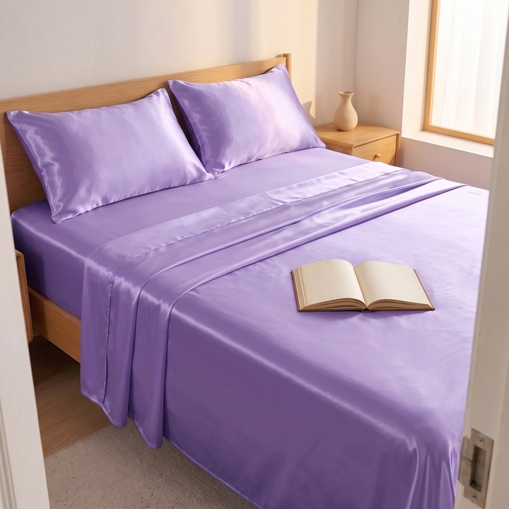 Silky Satin Sheet Set in Lilac – seen through bedroom doorway with open book on bed