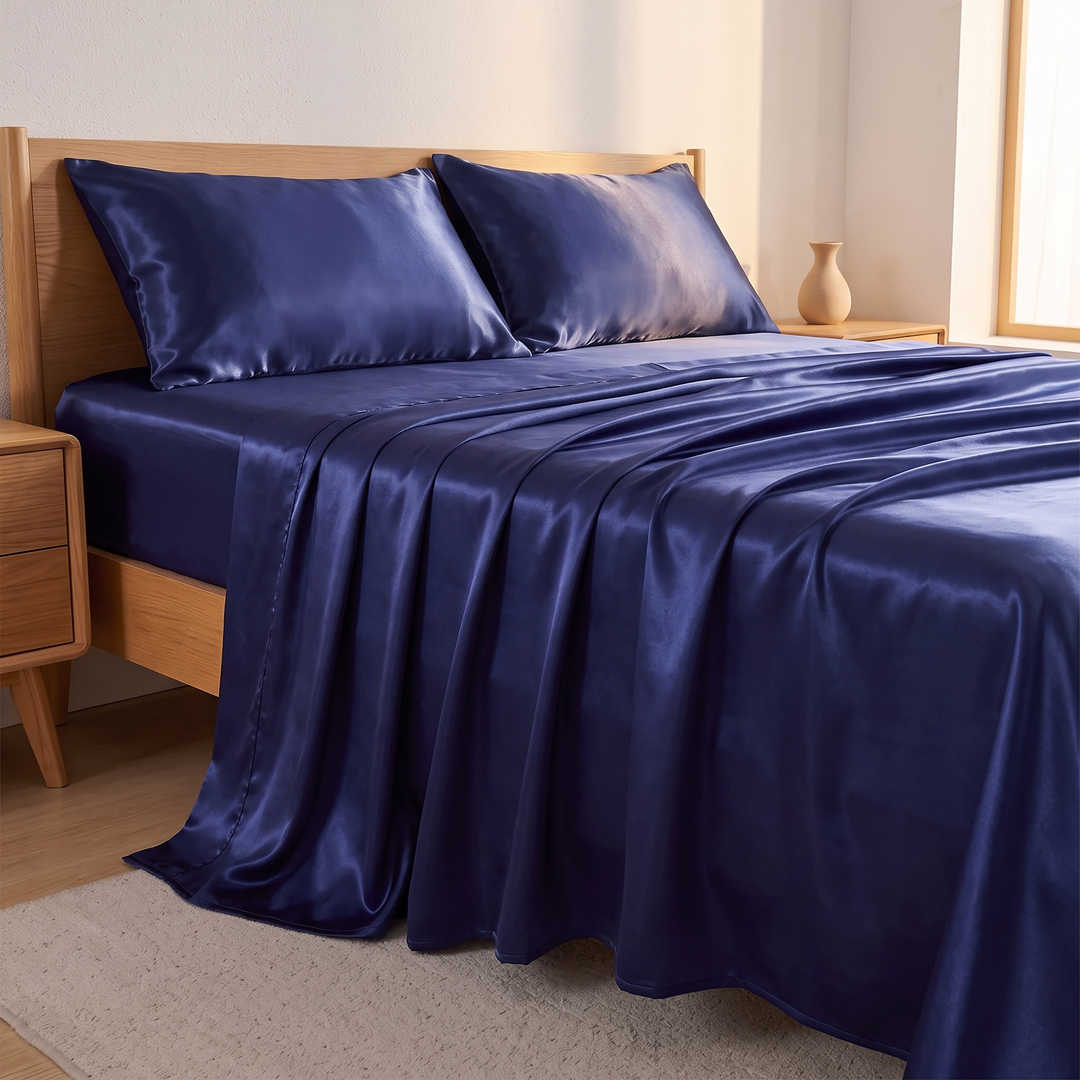 Silky Satin Sheet Set in Midnight Blue – side view of full set with sheet draping onto cream rug