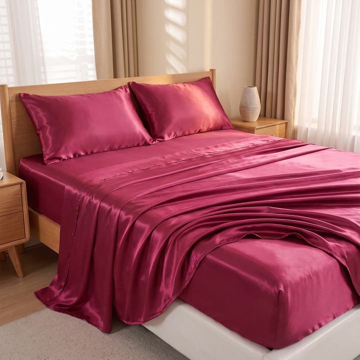 Silky Satin Sheet Set in Raspberry – fitted sheet corner in foreground with sheer curtains behind