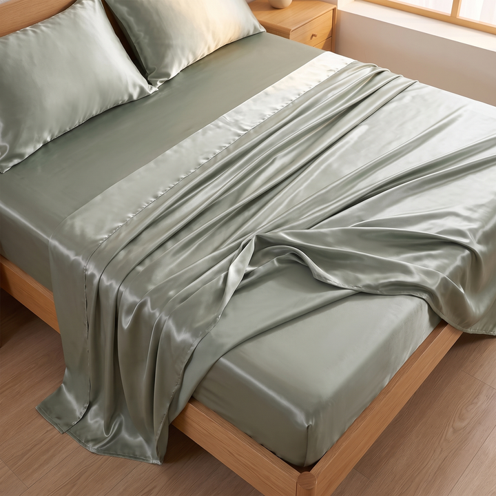 Silky Satin Sheet Set in Sage – rumpled top sheet trailing over bed edge onto wood floor