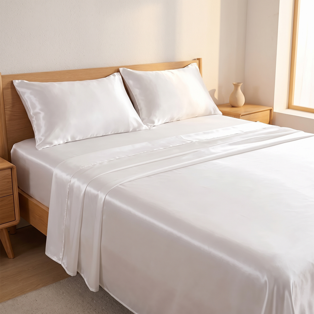 Silky Satin Sheet Set in White – on a made bed with wooden frame in sunlit bedroom