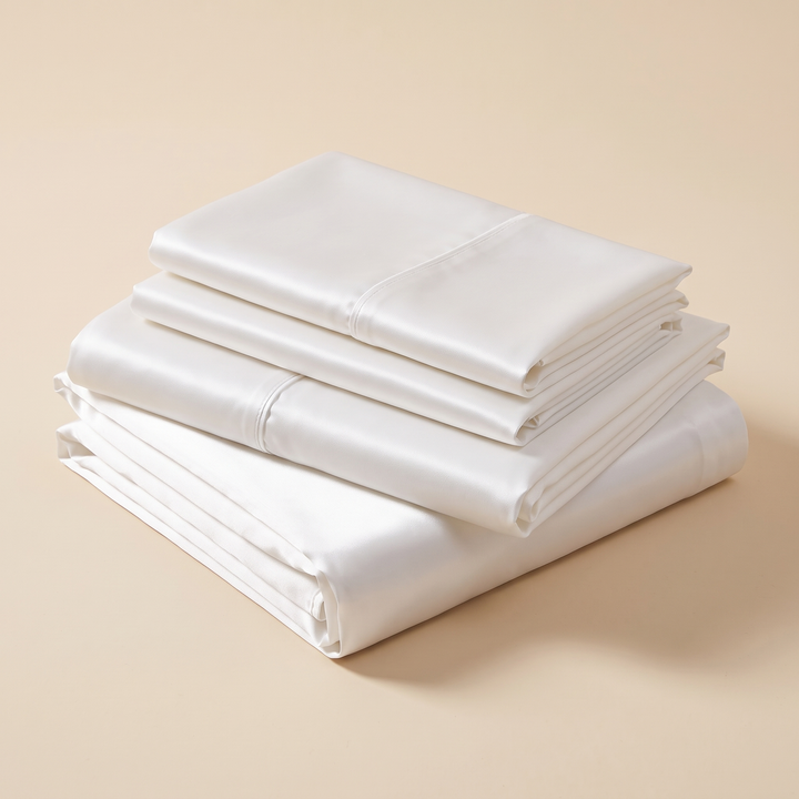 Silky Satin Sheet Set in White – folded stack of sheets and pillowcases on a plain beige background