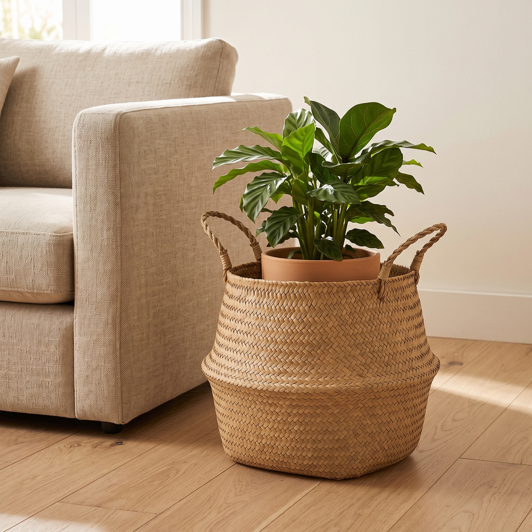 Seagrass Basket with Handles – Foldable in Natural – holding a potted plant beside a sofa on a wood floor
