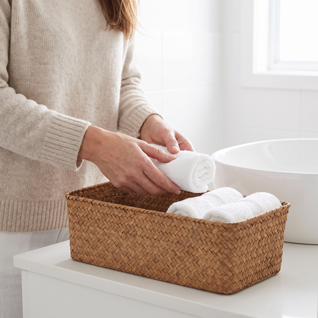 Seagrass Woven Basket – Bathroom Storage in Natural – on a white vanity as hands roll towels into it