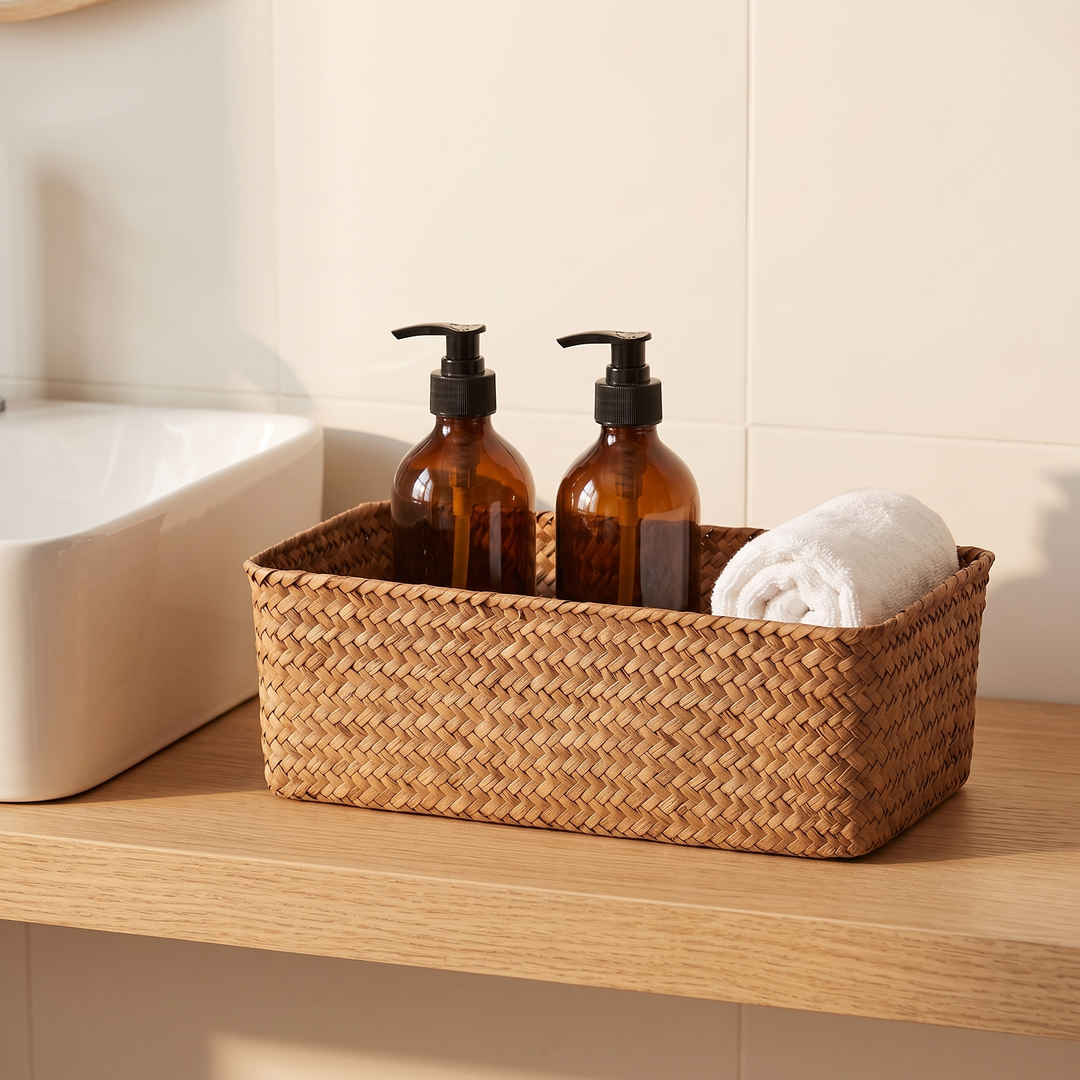 Seagrass Woven Basket – Bathroom Storage in Natural – holding soap bottles and a rolled towel on a bathroom shelf
