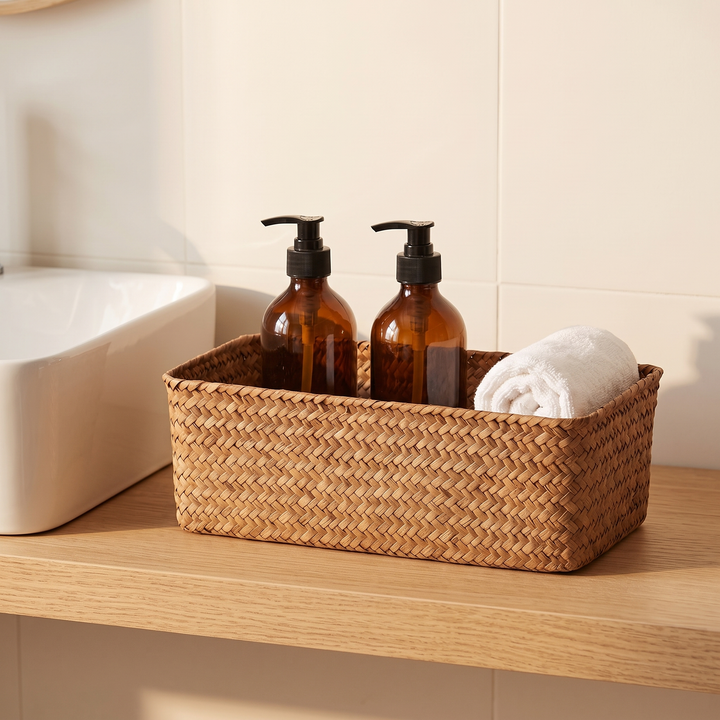 Seagrass Woven Basket – Bathroom Storage in Natural – holding soap bottles and a rolled towel on a bathroom shelf
