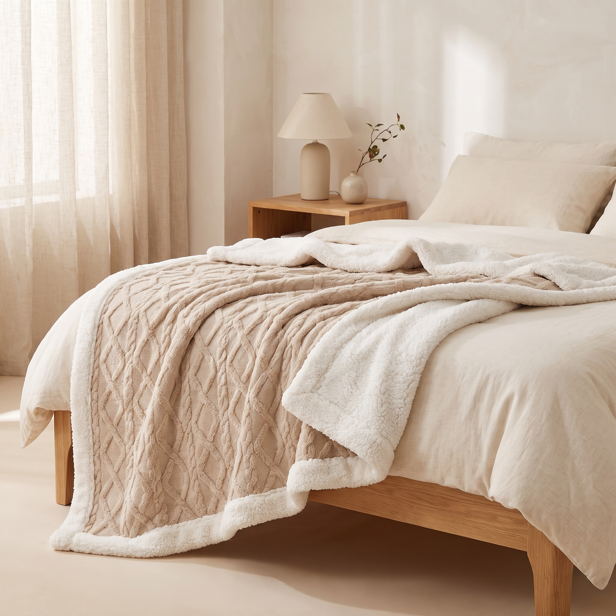 Sherpa fleece blanket on a bed in a calm, warm bedroom