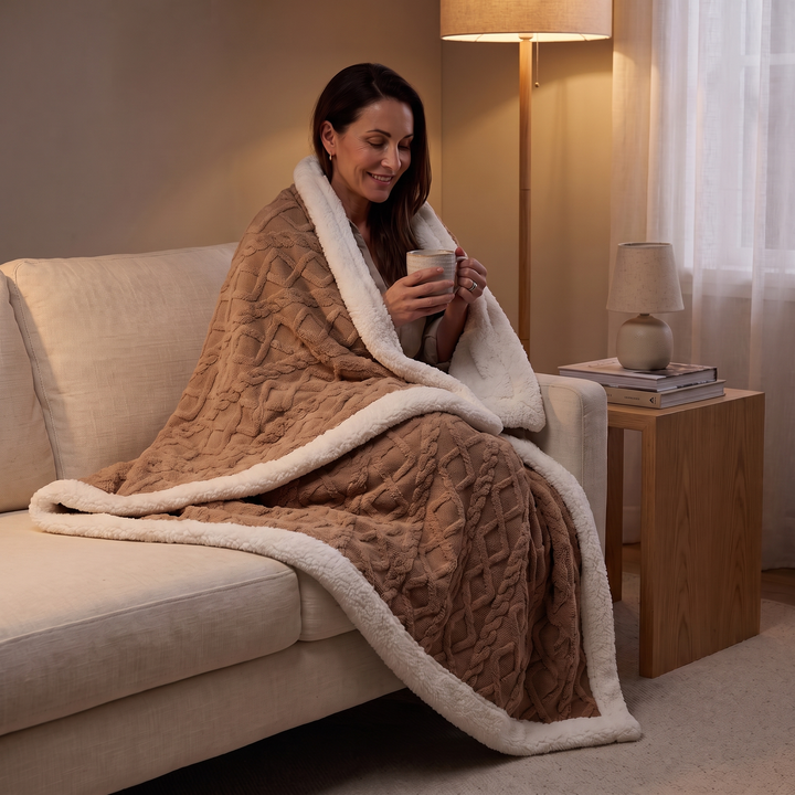 Chocolate brown sherpa fleece blanket wrapped around a woman on a sofa