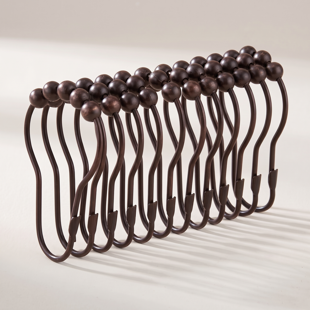 Shower Curtain Hooks – Set of 12, Roller Ball in Bronze – full set standing tightly side by side, angled view