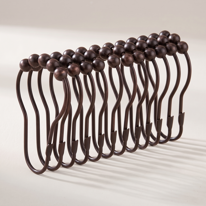 Shower Curtain Hooks – Set of 12, Roller Ball in Bronze – full set standing tightly side by side, angled view