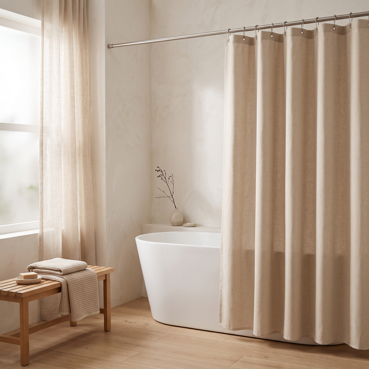 Beige linen-look fabric shower curtain in a bright bathroom