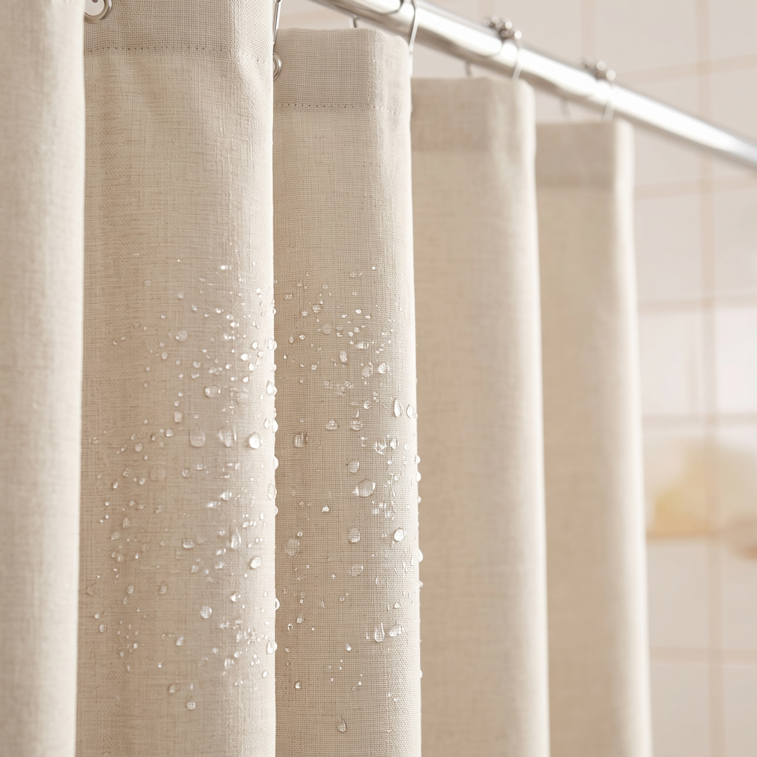Water droplets beading on the fabric shower curtain