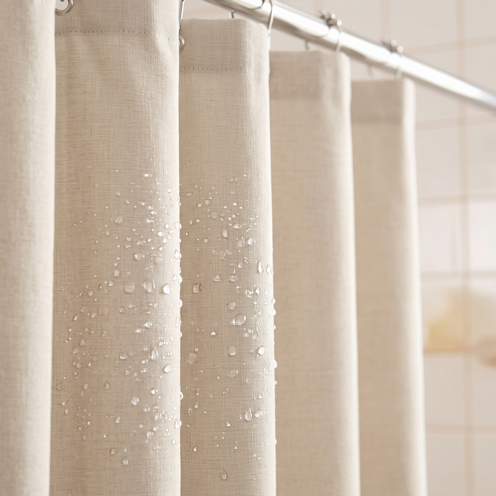 Water droplets beading on the fabric shower curtain